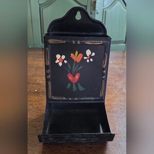 Hand-Painted Floral Metal Match Safe - Black with Red, White & Green Accents